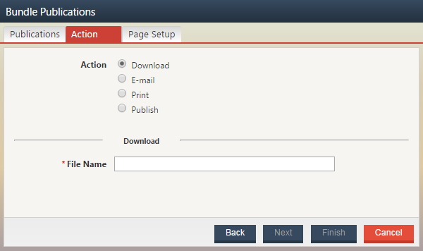 Screenshot of the Action tab of the Bundle Publications Wizard with the Download option selected.